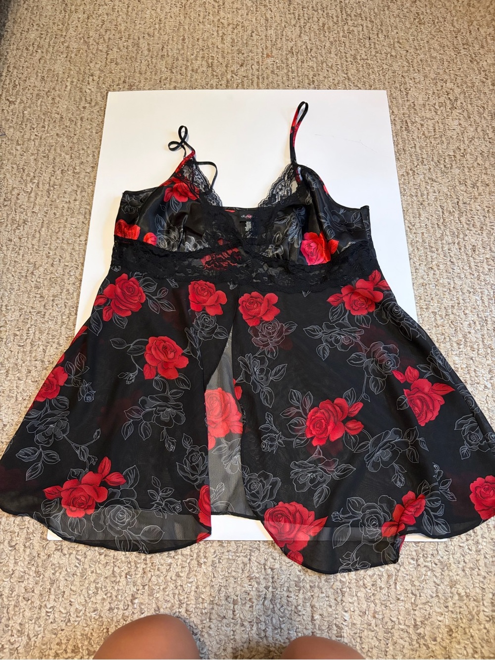 Secret Treasures Black Sheer Chemise with Red Rose Print
